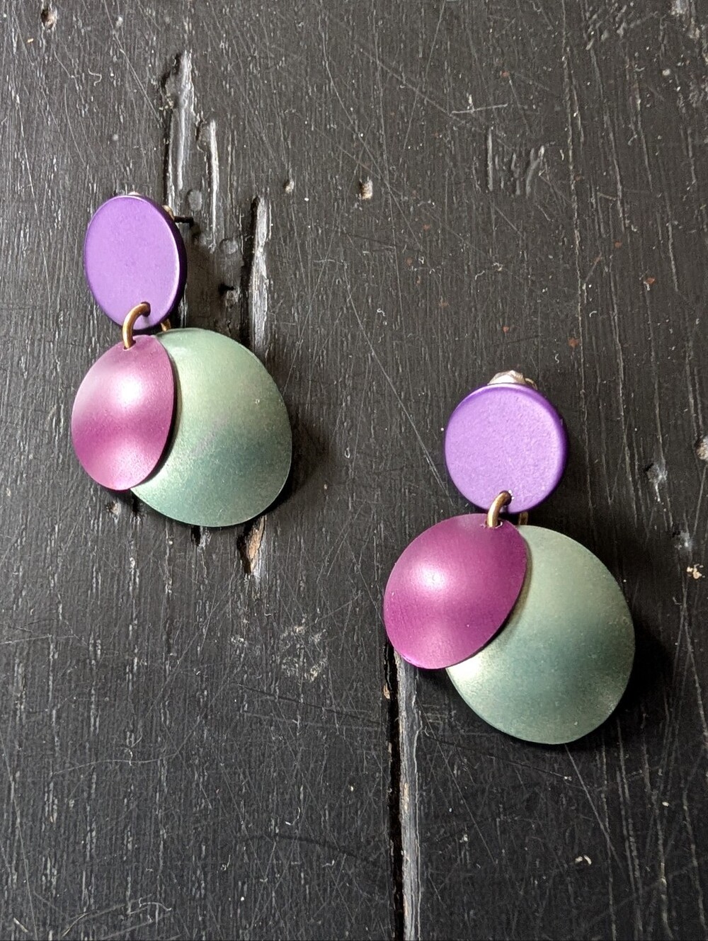 80s Retro Purple Green Metallic Disc Earrings Boho Disco Geometric Avant-Garde